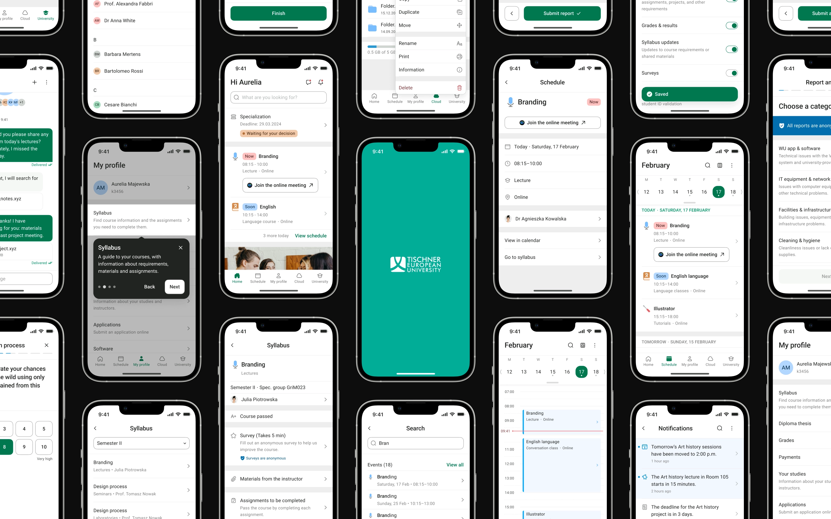 A collage of VU mobile app screens, including Home, Schedule, Syllabus, Search, Notifications, and Profile