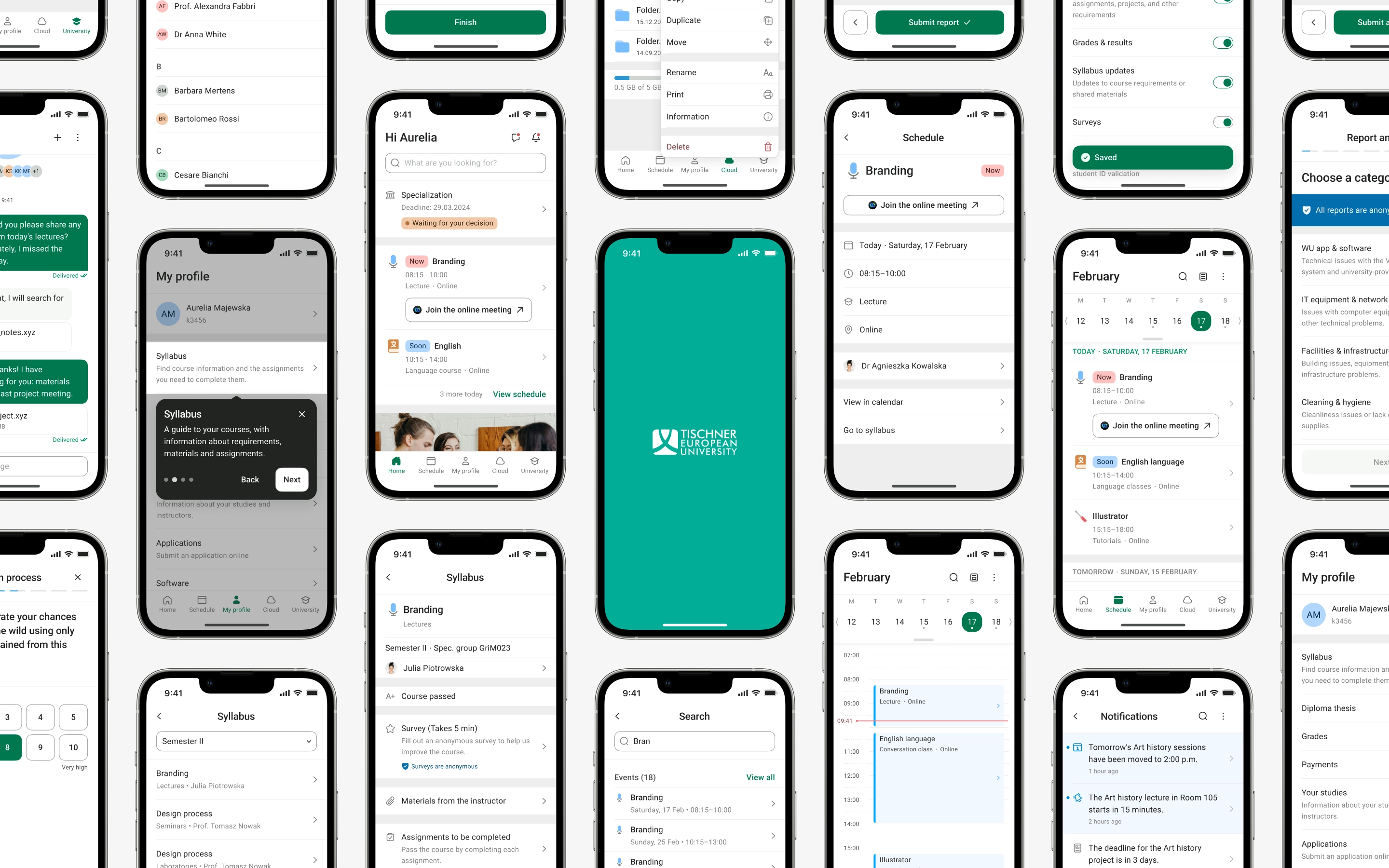 A collage of VU mobile app screens, including Home, Schedule, Syllabus, Search, Notifications, and Profile