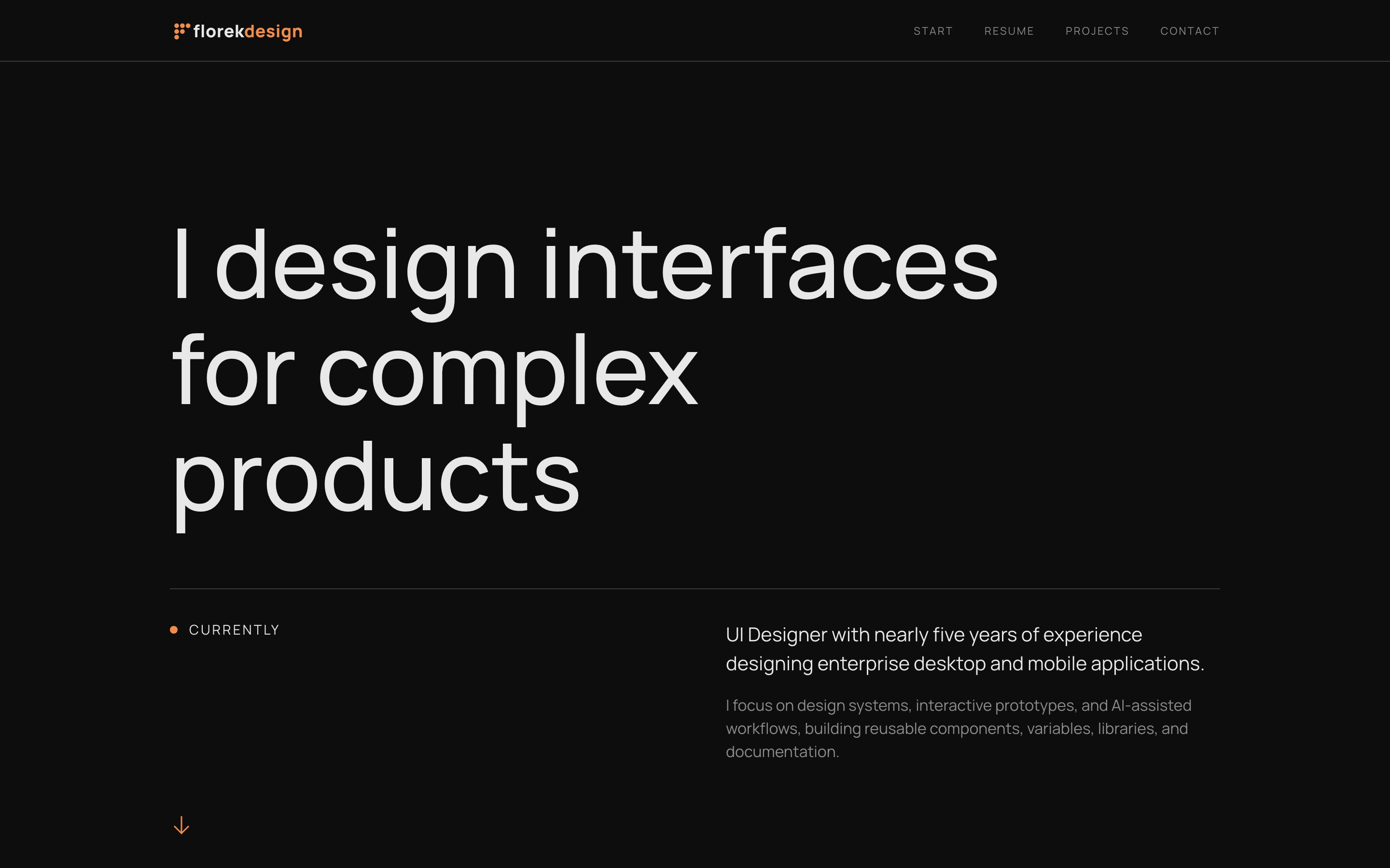 Florekdesign.com Home Hero with the headline “I design interfaces for complex products”