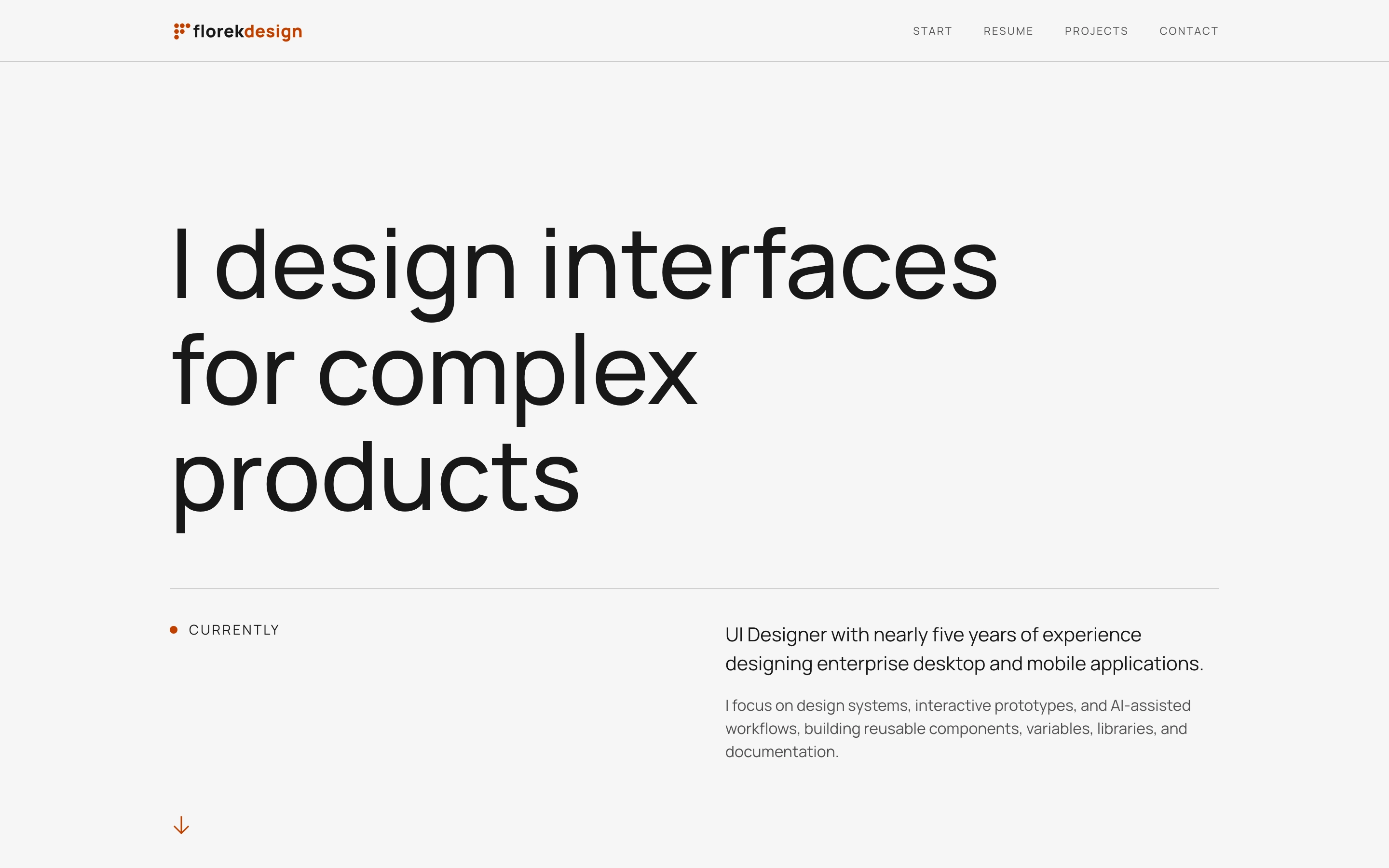 Florekdesign.com Home Hero with the headline “I design interfaces for complex products”