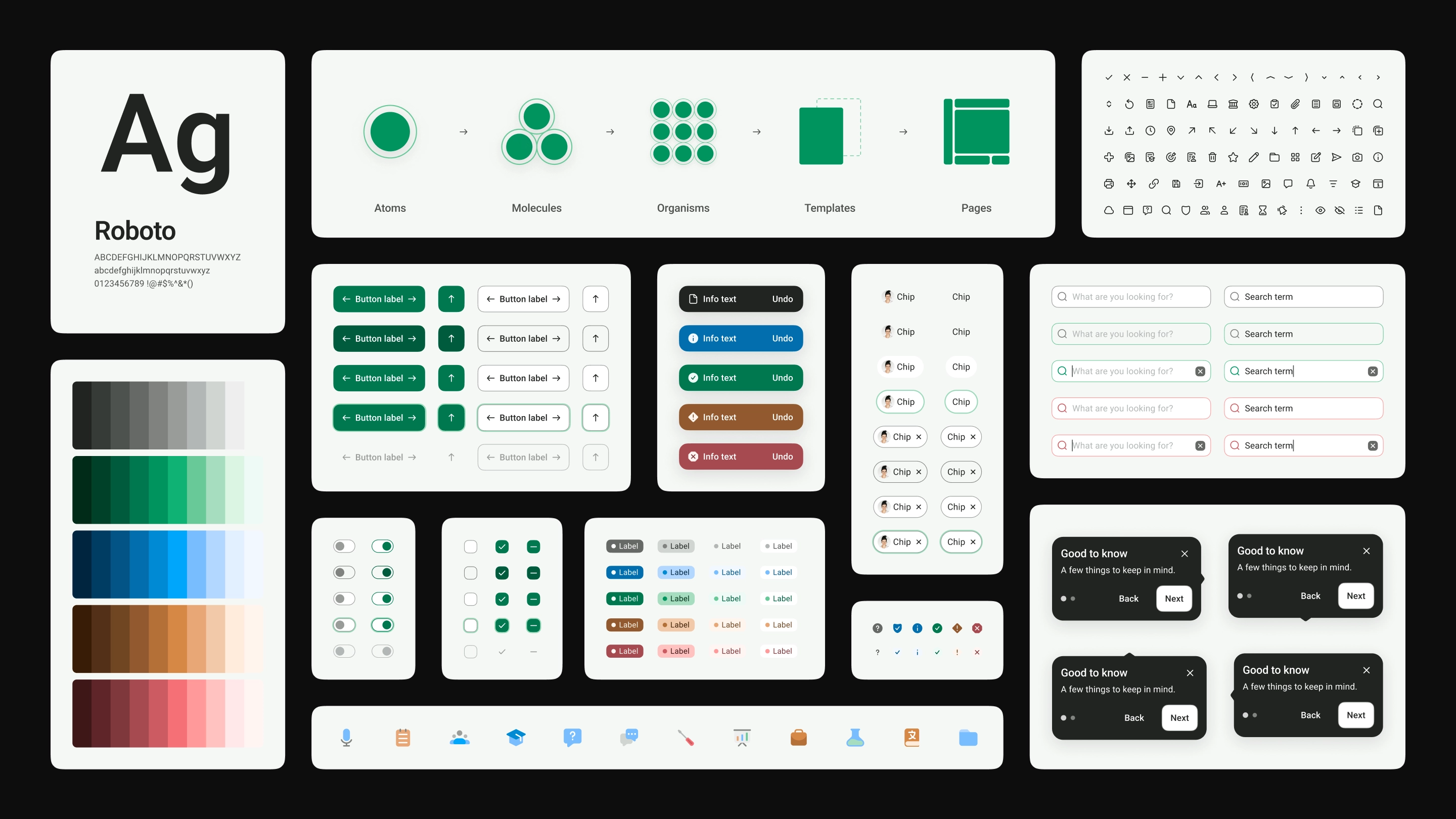 Selected VU interface components, icons, controls, colours and typography arranged as a UI kit sample.