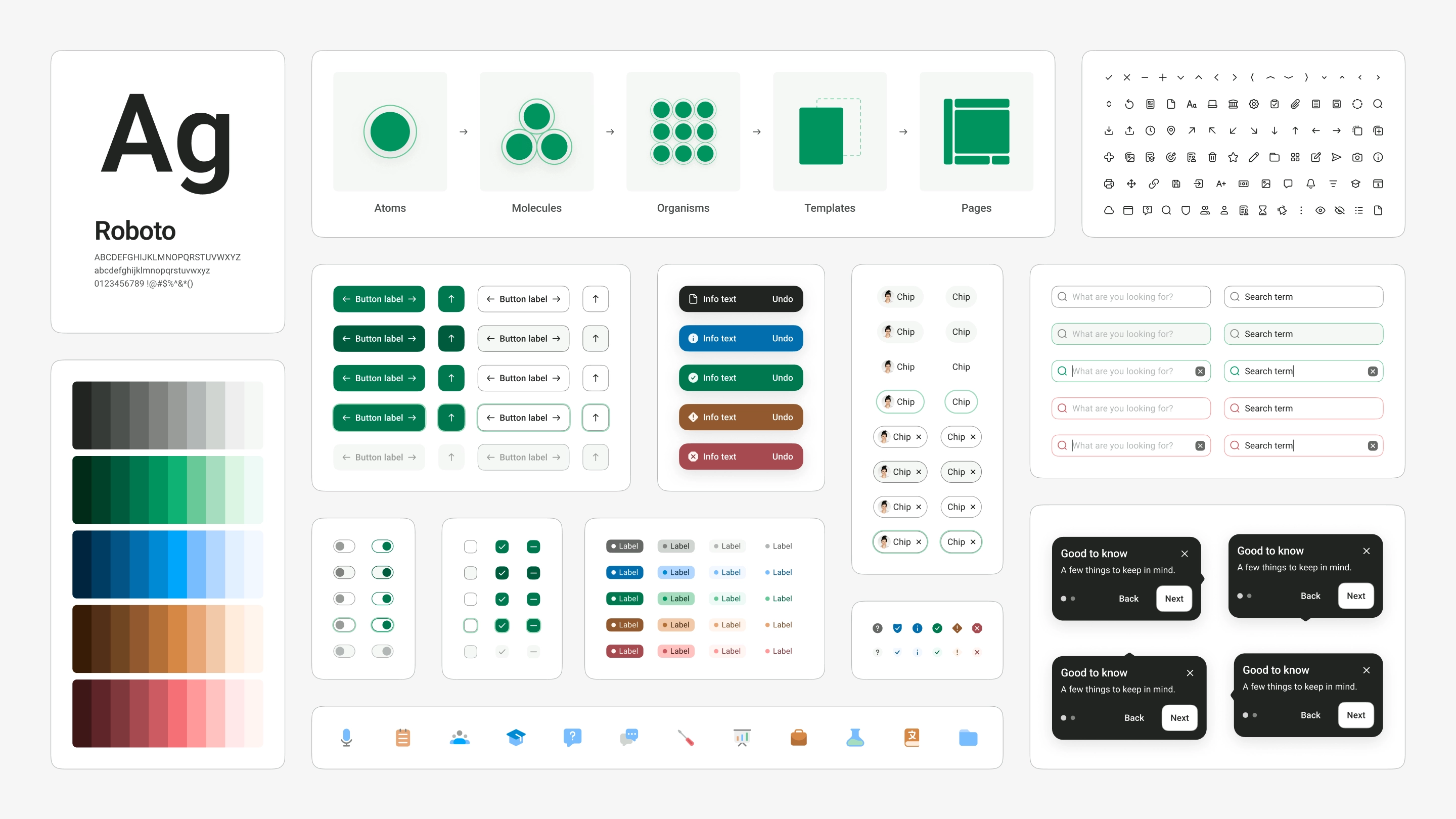 Selected VU interface components, icons, controls, colours and typography arranged as a UI kit sample.